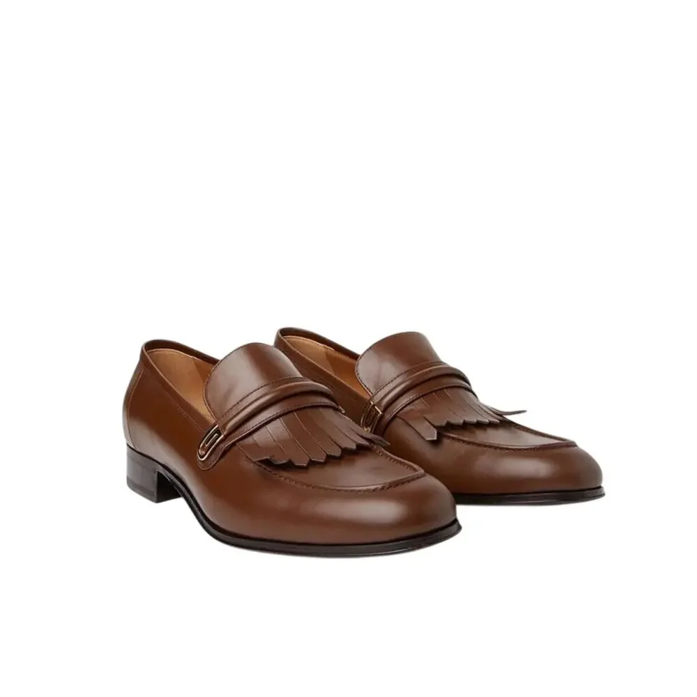 NIB Gucci Mirrored G Size 8.5 US 9 Fringed Loafer Brown Italian Leather Shoe